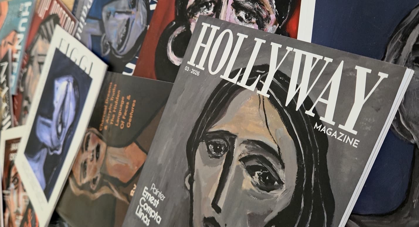 Revistas con las expresivas pinturas de retrato de Ernest Compta Llinàs en sus portadas, desplegadas sobre una mesa