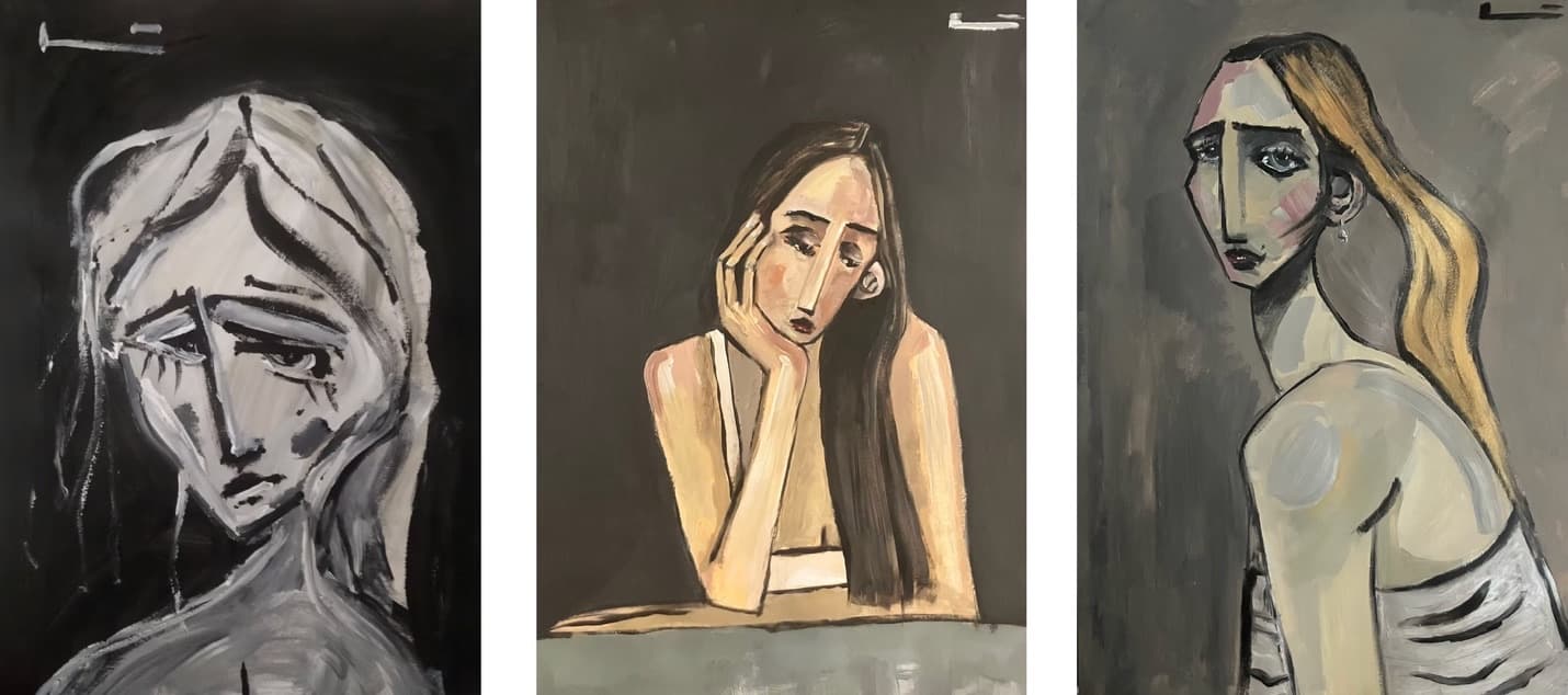 Tres retratos femeninos imaginarios de Ernest Compta Llinàs: rostros alargados y melancólicos representados en tonos apagados