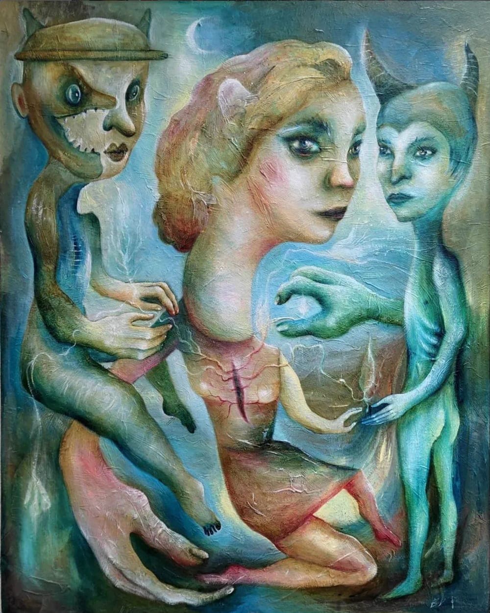 The Conversation Between Past, Present, and Future — Brostean en el centro como el presente, flanqueada por su pasado y por el personaje que encarna su futuro